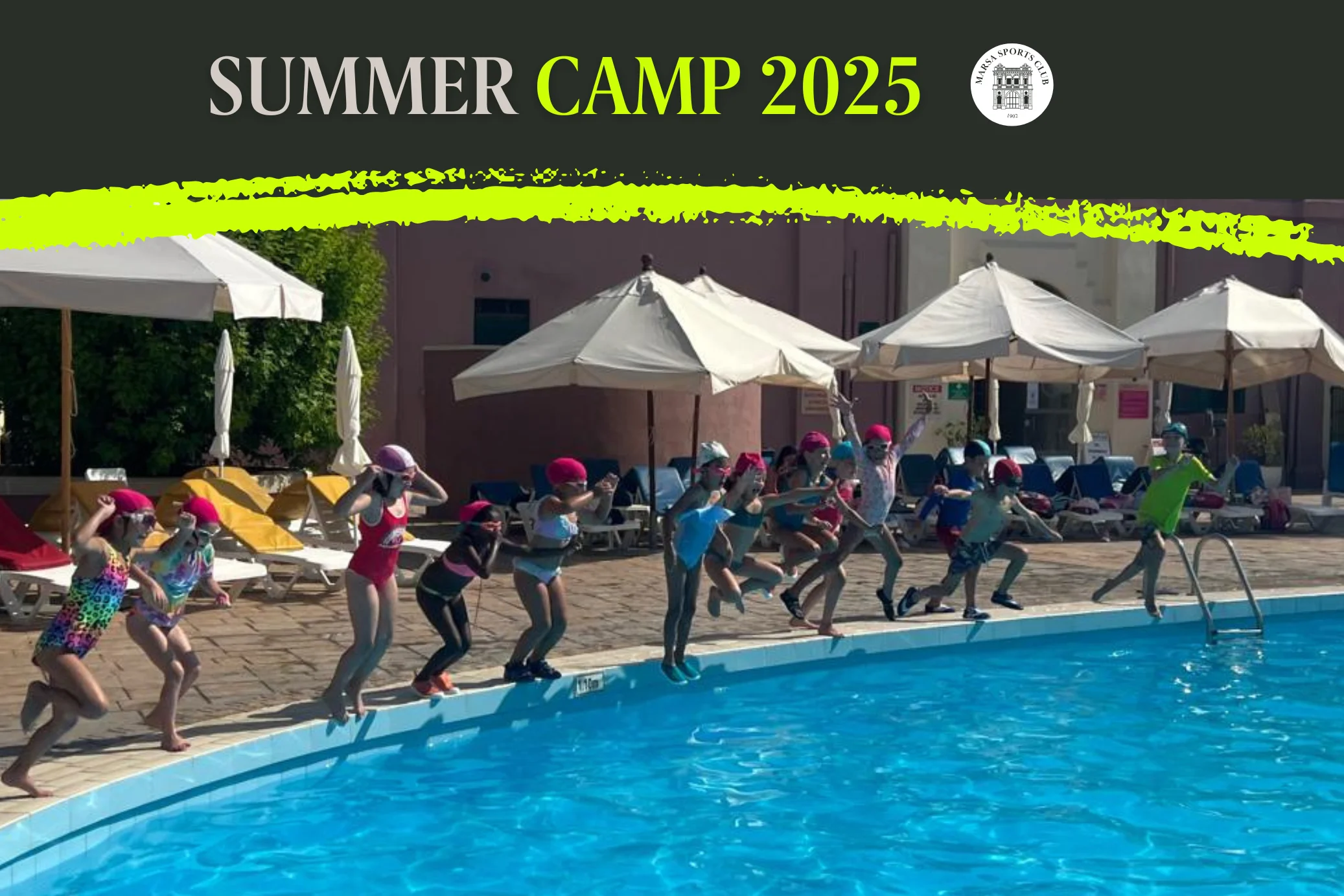 Children jumping in the pool at the Marsa Sports Club Summer Camp