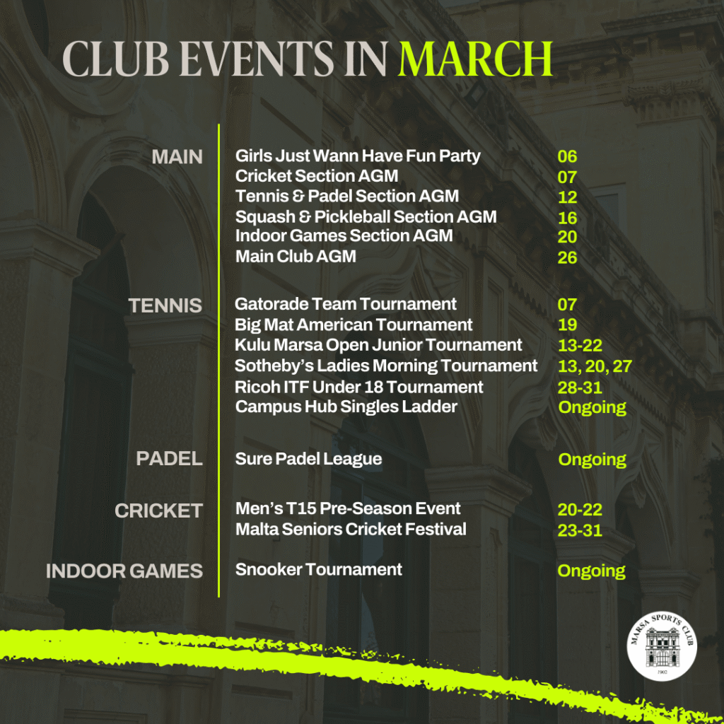 March 2026 Events Marsa Sports Club
